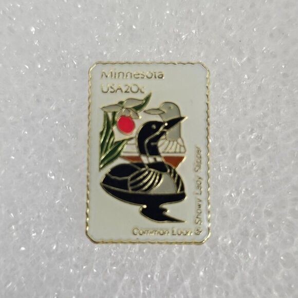 Minnesota MN USA 20c Common Loon Showy Lady Slipper Pin Lapel Enamel USPS Brooch - Picture 1 of 8